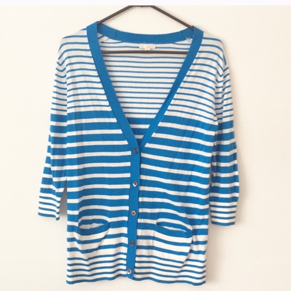 Gap blue white striped 3/4 sleeve cardigan XS
